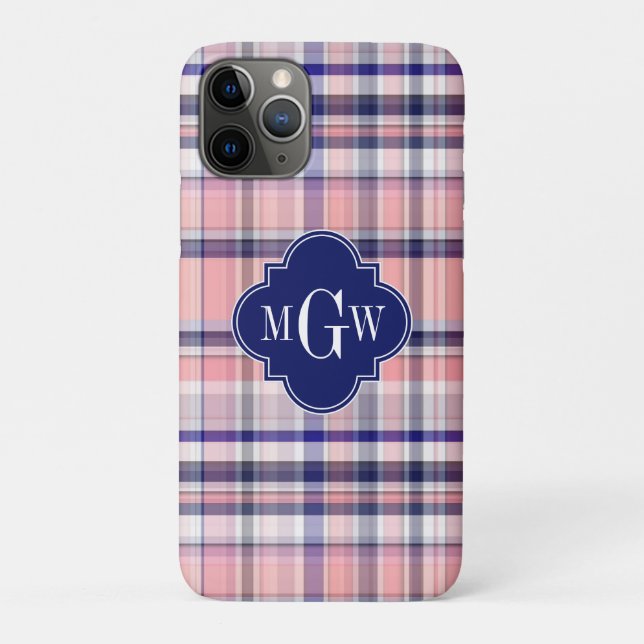 Pink Navy White Preppy Madras Quatrefoil Monogram Case-Mate iPhone Case (Back)
