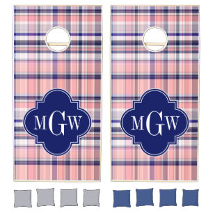 Pink Navy White Preppy Madras Quatrefoil Monogram Cornhole Set