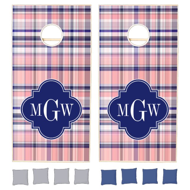 Pink Navy White Preppy Madras Quatrefoil Monogram Cornhole Set (Set)