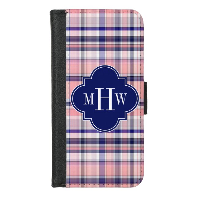 Pink Navy White Preppy Madras Quatrefoil Monogram iPhone Wallet Case (Front)