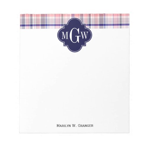 Pink Navy White Preppy Madras Quatrefoil Monogram Notepad