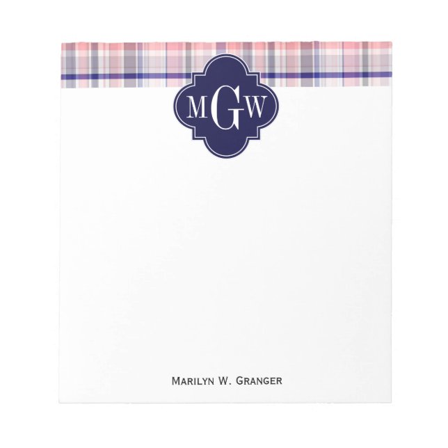 Pink Navy White Preppy Madras Quatrefoil Monogram Notepad (Front)