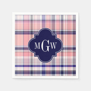 Pink Navy White Preppy Madras Quatrefoil Monogram Paper Napkins