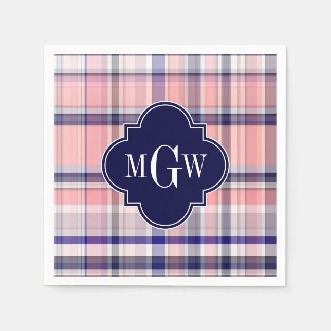 Pink Navy White Preppy Madras Quatrefoil Monogram Paper Napkins (Front)