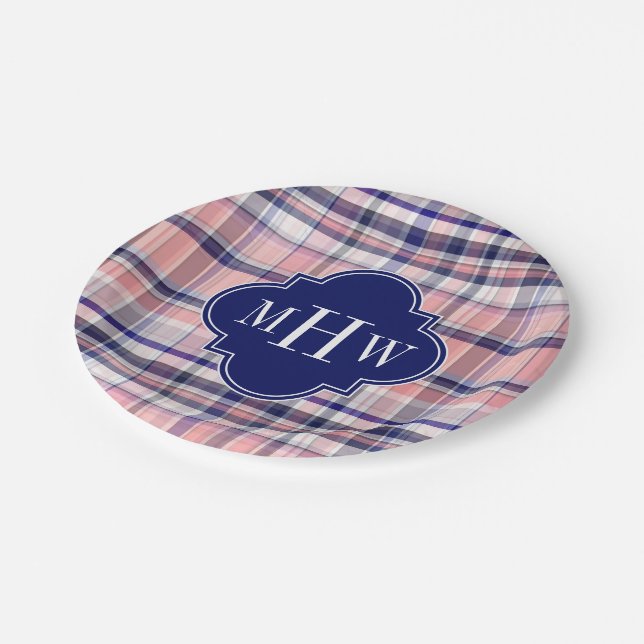 Pink Navy White Preppy Madras Quatrefoil Monogram Paper Plates (Angled)