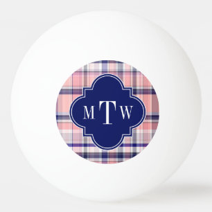 Pink Navy White Preppy Madras Quatrefoil Monogram Ping-Pong Ball