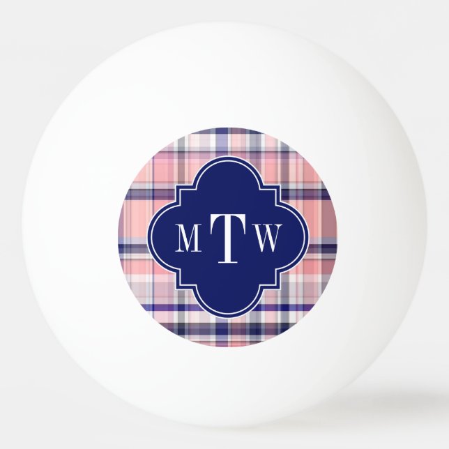 Pink Navy White Preppy Madras Quatrefoil Monogram Ping-Pong Ball (Front)