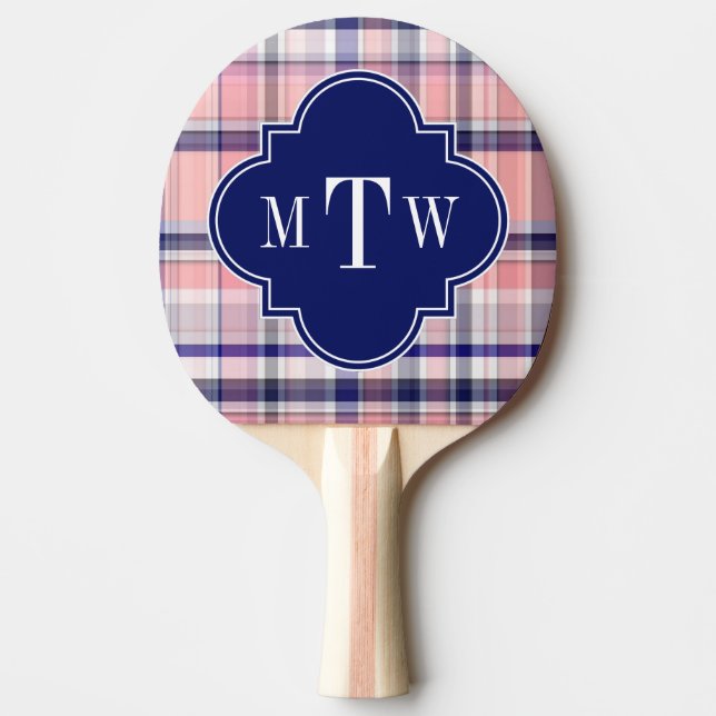 Pink Navy White Preppy Madras Quatrefoil Monogram Ping-Pong Paddle (Front)