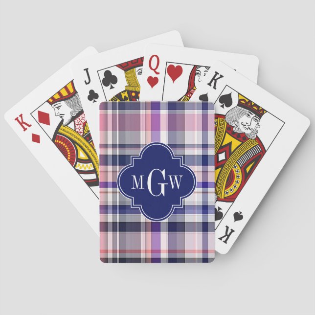 Pink Navy White Preppy Madras Quatrefoil Monogram Poker Cards (Back)