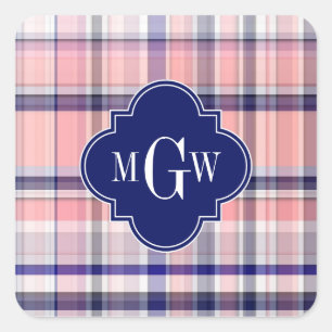Pink Navy White Preppy Madras Quatrefoil Monogram Square Sticker