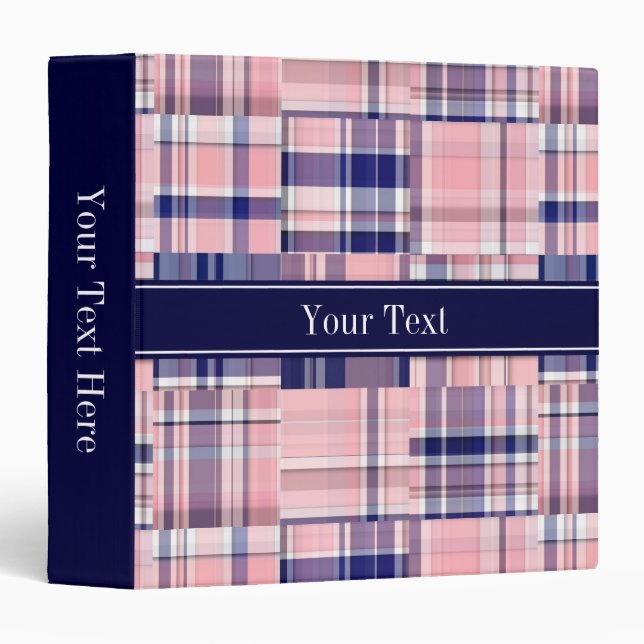 Pink Navy Wht Preppy Patchwork Madras N Monogram Binder (Front/Spine)