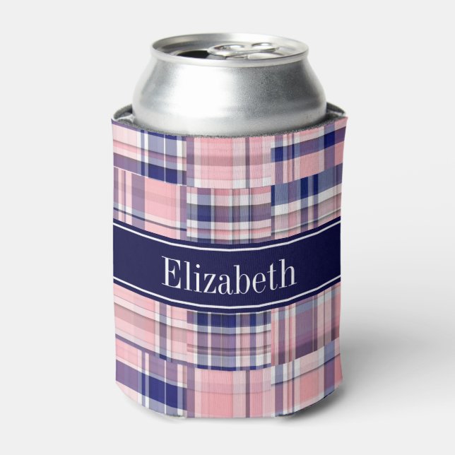 Pink Navy Wht Preppy Patchwork Madras N Monogram Can Cooler (Can Front)