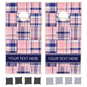 Pink Navy Wht Preppy Patchwork Madras N Monogram Cornhole Set