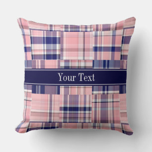 Pink Navy Wht Preppy Patchwork Madras N Monogram Throw Pillow