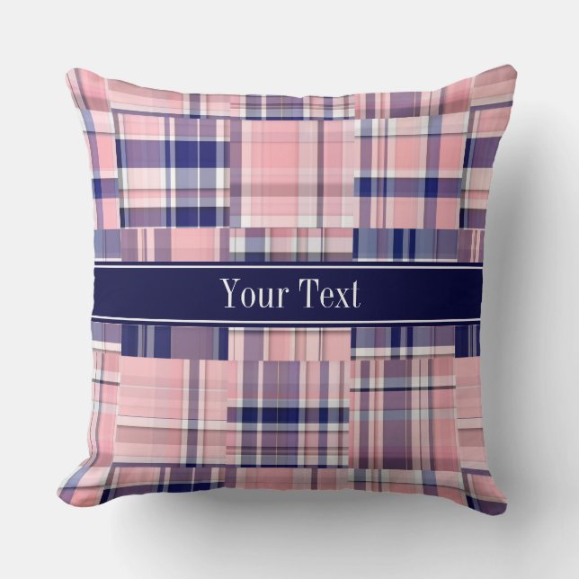 Pink Navy Wht Preppy Patchwork Madras N Monogram Throw Pillow (Front)