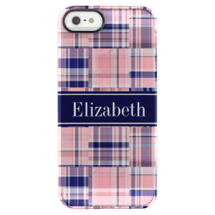 Pink Navy Wht Preppy Patchwork Madras N Monogram Clear iPhone SE/5/5s Case