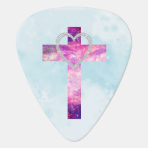 Pink Nebula Cross White Glitter Heart Photo Print Guitar Pick