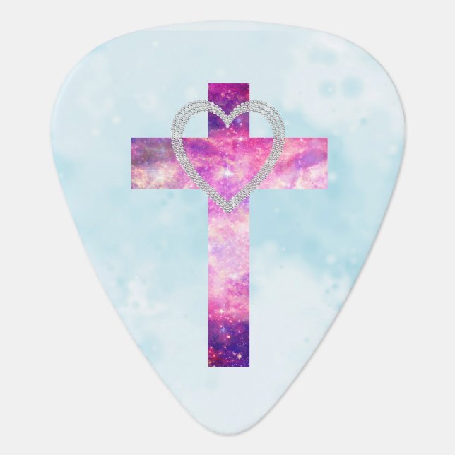 Pink Nebula Cross White Glitter Heart Photo Print Guitar Pick (Front)