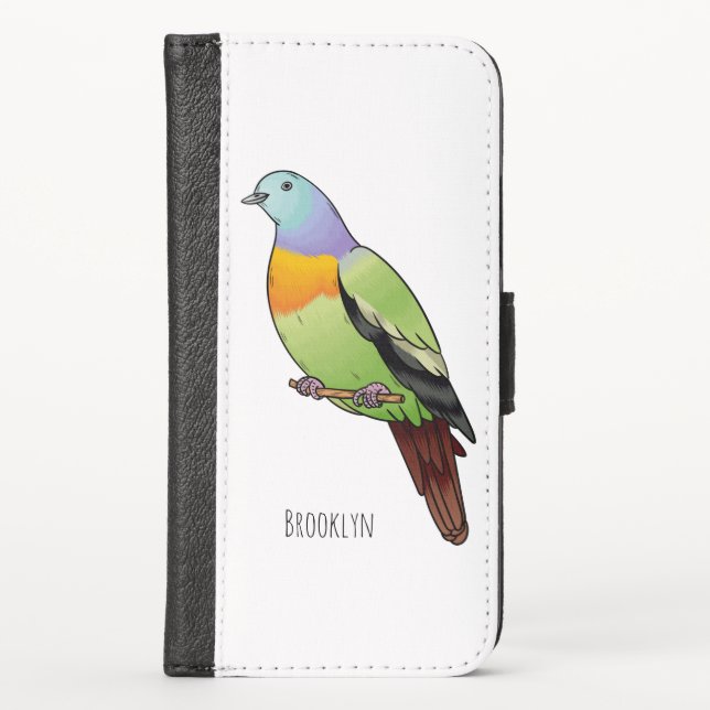Pink-necked green pigeon bird cartoon illustration iPhone wallet case (Front)