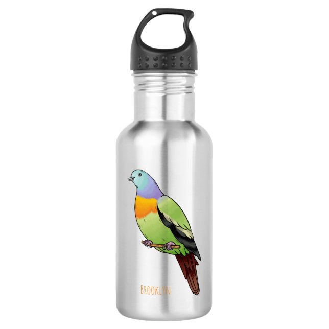 Pink-necked green pigeon bird cartoon illustration stainless steel water bottle (Front)