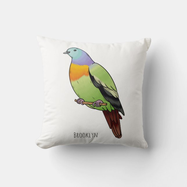 Pink-necked green pigeon bird cartoon illustration throw pillow (Front)