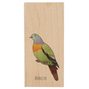 Pink-necked green pigeon bird cartoon illustration wood flash drive