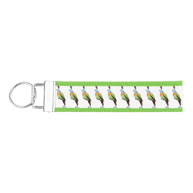 Pink-necked green pigeon bird cartoon illustration wrist keychain (Keys on Left)