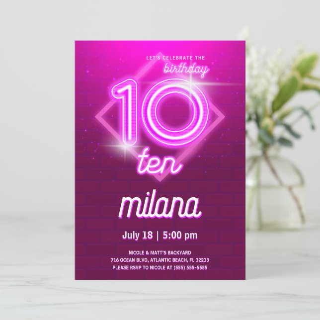 Pink Neon 10th Birthday Party Invitation Card (Standing Front)