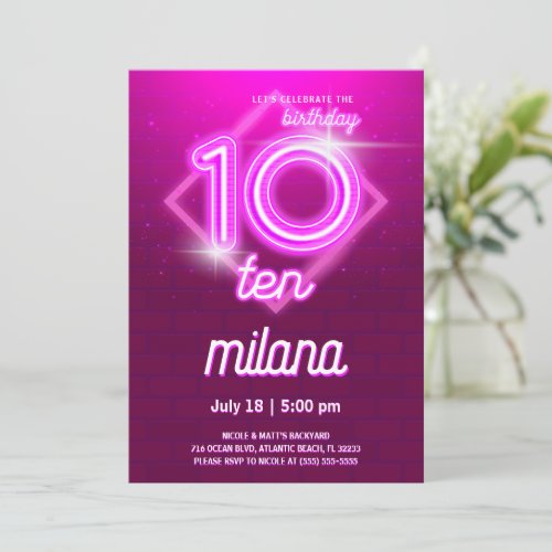 Pink Neon 10th Birthday Party Invitation Card