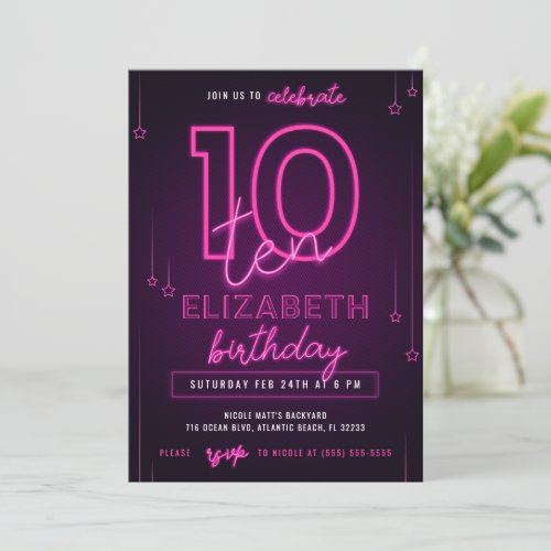 Pink Neon 10th Birthday Party Lets Glow Crazy Invitation