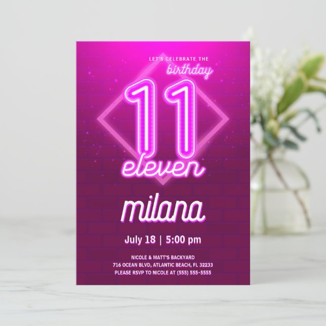 Pink Neon 11th Birthday Party Invitation Card (Standing Front)