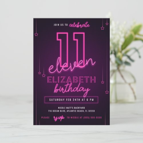 Pink Neon 11th Birthday Party Lets Glow Crazy Invitation