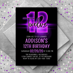 Pink Neon 12th Birthday Invitation