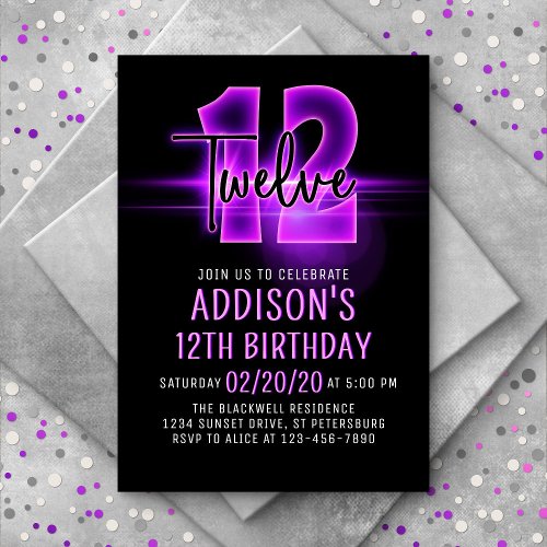 Pink Neon 12th Birthday Invitation
