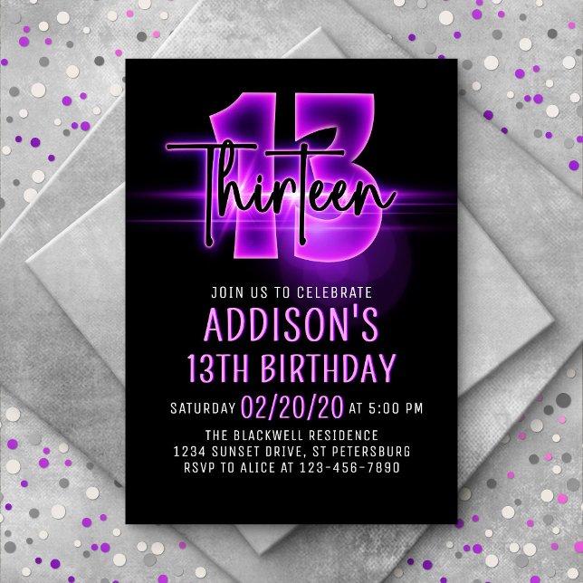 Pink Neon 13th Birthday Invitation (Creator Uploaded)