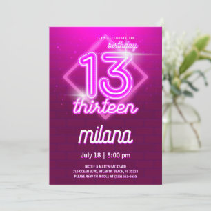 Pink Neon 13th Birthday Party Invitation Card