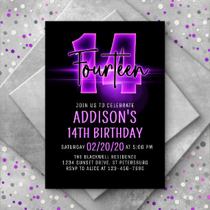 Pink Neon 14th Birthday Invitation
