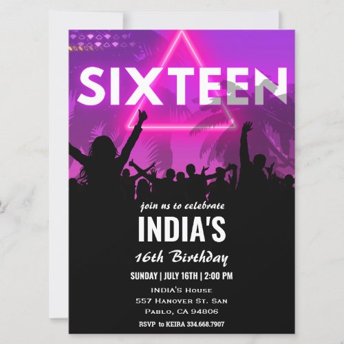 Pink Neon 16th Birthday Party Invitation