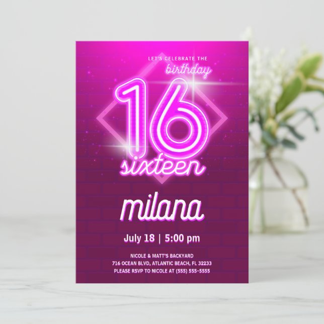 Pink Neon 16th Birthday Party Invitation Card (Standing Front)