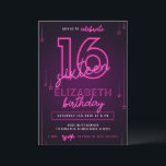 Pink Neon 16th Birthday Party Let's Glow Crazy Invitation<br><div class="desc">Designed for our Pink Neon Birthday Invitations,  this customizable Invitation Card features neon colored text,  neon decorations & purple background. Matching items available.</div>