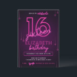 Pink Neon 16th Birthday Party Let's Glow Crazy Invitation<br><div class="desc">Designed for our Pink Neon Birthday Invitations,  this customizable Invitation Card features neon colored text,  neon decorations & purple background. Matching items available.</div>