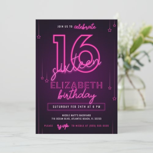 Pink Neon 16th Birthday Party Lets Glow Crazy Invitation