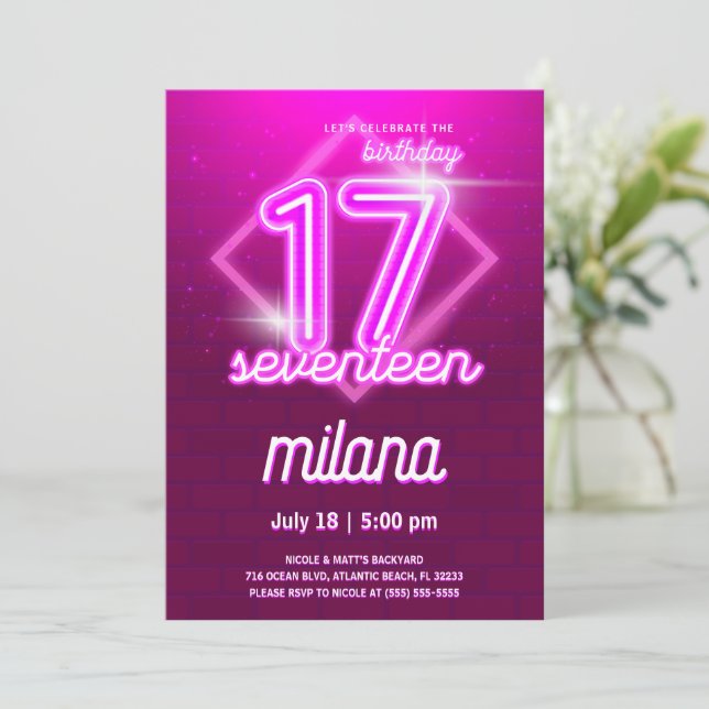 Pink Neon 17th Birthday Party Invitation Card (Standing Front)
