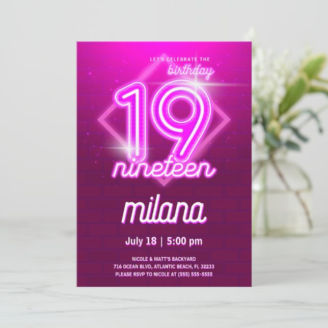 Pink Neon 19th Birthday Party Invitation Card (Standing Front)