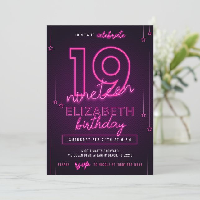 Pink Neon 19th Birthday Party Let's Glow Crazy Invitation (Standing Front)