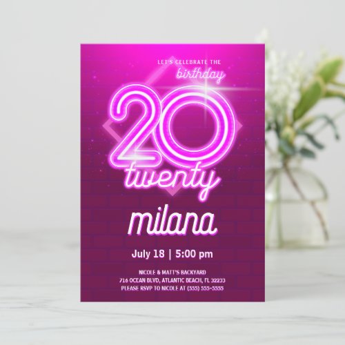 Pink Neon 20th Birthday Party Invitation Card