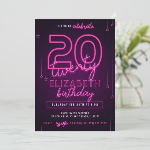 Pink Neon 20th Birthday Party Lets Glow Crazy Invitation