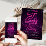 Pink Neon 21st Birthday Party Let's Glow Crazy Invitation<br><div class="desc">Designed for our Pink Neon Birthday Invitations,  this customizable Invitation Card features neon colored text,  neon decorations & purple background. Matching items available.</div>