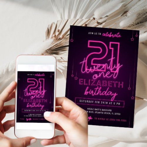 Pink Neon 21st Birthday Party Lets Glow Crazy Invitation
