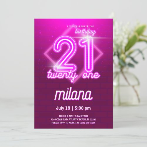 Pink Neon 21th Birthday Party Invitation Card